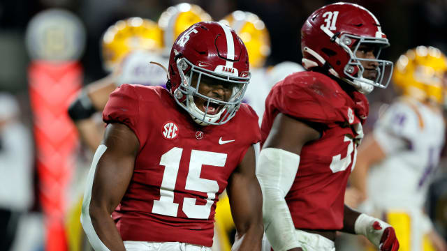 Nov 6, 2021; Tuscaloosa, Alabama, USA; Alabama Crimson Tide linebacker Dallas Turner (15) celebrates after a sack against the LSU Tigers during the second half at Bryant-Denny Stadium.